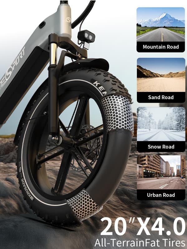 Onesport OT08 20'' sähköpyörä, jossa askellus, 500 W moottori, huippunopeus noin 40 km/h, 18 Ah akku, hydraulinen jarru, 7 vaihdetta, 20*4.0 rengas