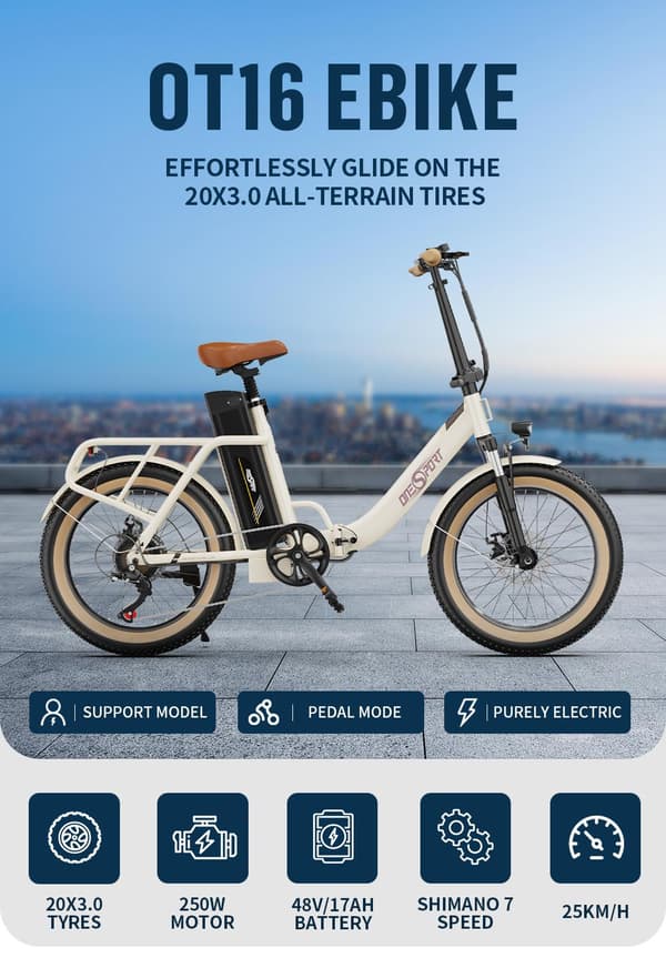 OneSport OT16-2 20'' city elcykel, 250W motor, 48V 17Ah batteri, foldbar, 60-120 km rækkevidde, Shimano 7-gear