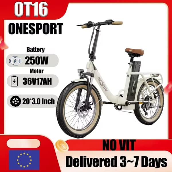 OneSport OT16-2 20'' city elcykel, 250W motor, 48V 17Ah batteri, foldbar, 60-120 km rækkevidde, Shimano 7-gear