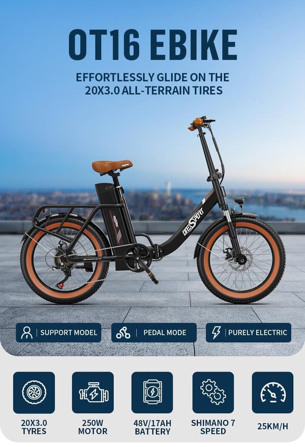 OneSport OT16-2 20'' city elcykel, 250W motor, 48V 17Ah batteri, foldbar, 60-120 km rækkevidde, Shimano 7-gear