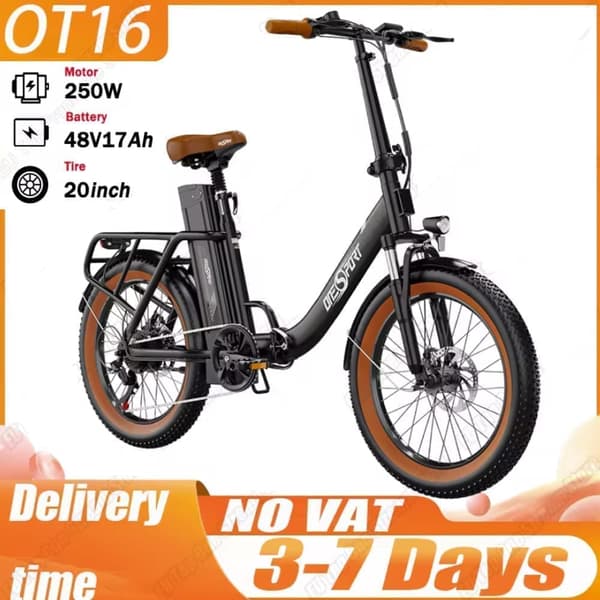 OneSport OT16-2 20'' city elcykel, 250W motor, 48V 17Ah batteri, foldbar, 60-120 km rækkevidde, Shimano 7-gear Brun