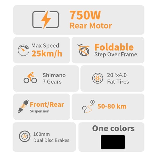 Elekwheels E5 sähköpyörä - 750W moottori, taitettava, nopeus 25km/h, toimintasäde 50-80km, musta
