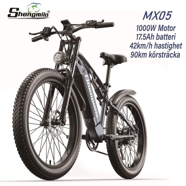 Shengmilo MX05 48V 17.5AH Batteri 1000W Motor 26*3.0 Tums Breda Däck Hydraulisk Skivbroms 90km 42km/h Elcykel för Vuxen