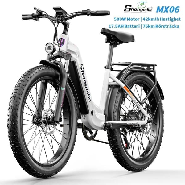 Shengmilo MX06 500W motor 17.5AH elcykel för vuxna, 42 km/h, 75 km räckvidd, 26*3.0 breda däck, Samsung-batteri, aluminiumram