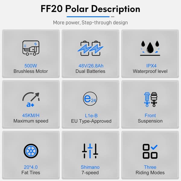 Fafrees FF20 Polar City elcykel, 500W motor, tophastighed 45 km/t, 26.8AH batteri, op til 170 km rækkevidde (PAS), L1e-B certificeret