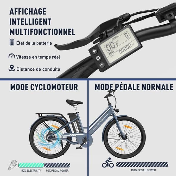 HITWAY Elcykel 26" - Motor 250W - Avtagbart Litiumbatteri - 36V - 10,4Ah - Gratis cykelpump