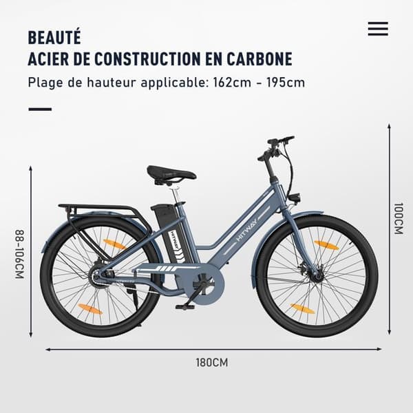 HITWAY Elcykel 26" - Motor 250W - Avtagbart Litiumbatteri - 36V - 10,4Ah - Gratis cykelpump