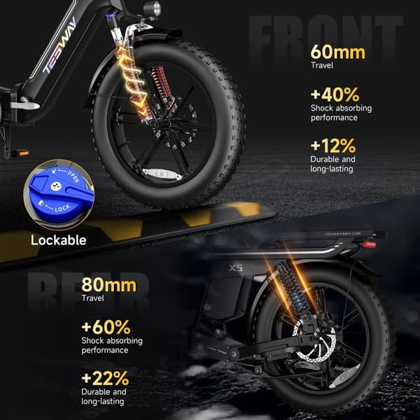 TESWAY X5 fuldaffjedret elcykel, 250W motor, 48V 30Ah batteri, 20 x 4,0'' dæk, tophastighed 45 km/t, rækkevidde 120 km (PAS), Shimano 7 gear