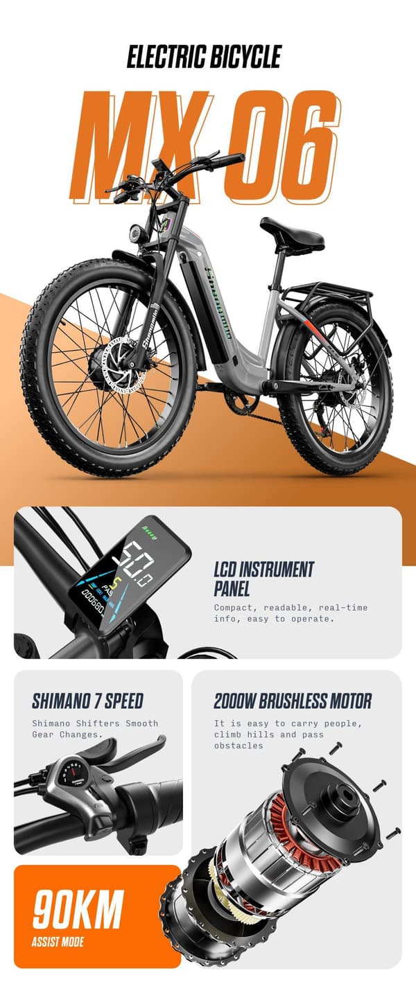 Shengmilo MX06 Pro 45KM/H hastighet 90KM räckvidd 2*1000W motor 48V 17.5AH batteri 26 * 3.0 tum fett däck elektrisk cykel