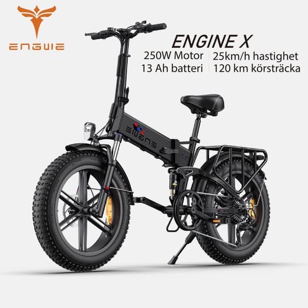 ENGWE Engine X 250 Watt Motor, 13AH Batteri, 25km/h Hastighet, 120km Räckvidd, 20*4.0 Inch Fat Däck Vuxen Hopfällbar Elektrisk Cykel Svart