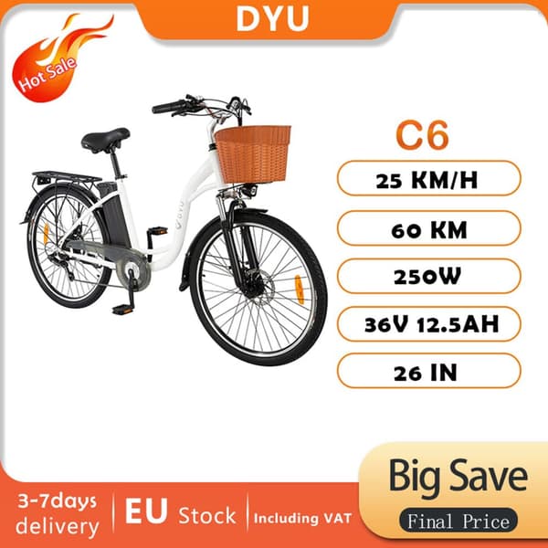 DYU C6 26'' Elcykel för stad, 250W motor, 12.5AH batteri, 25km/h, Shimano 6-växlad, med korg fram