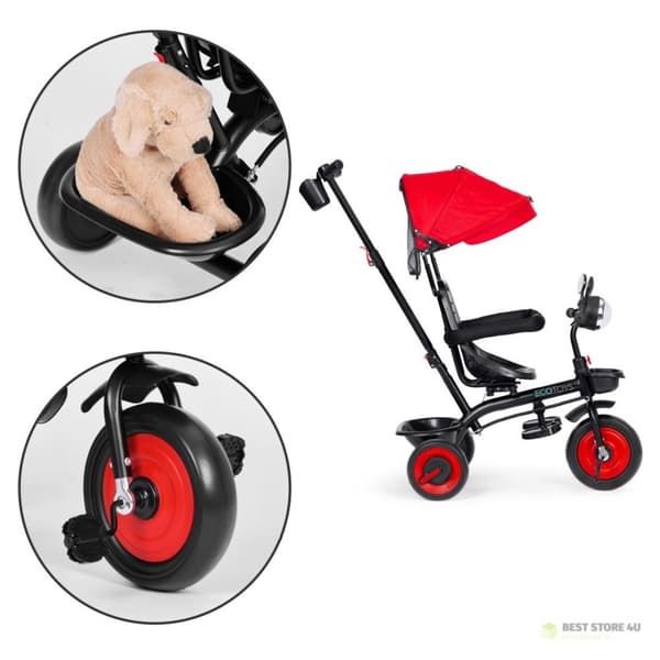 Lasten kolmipyöräinen rattaat, 3 yhdessä, pyörivä istuin, kuomu, punainen, ECOTOYS