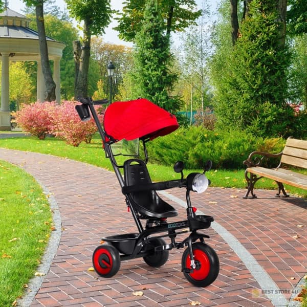 Lasten kolmipyöräinen rattaat, 3 yhdessä, pyörivä istuin, kuomu, punainen, ECOTOYS