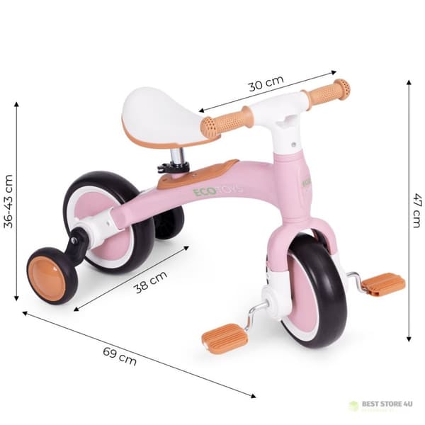 Balancecykel med pedaler - træningshjul på siden 3i1 pink ECOTOYS