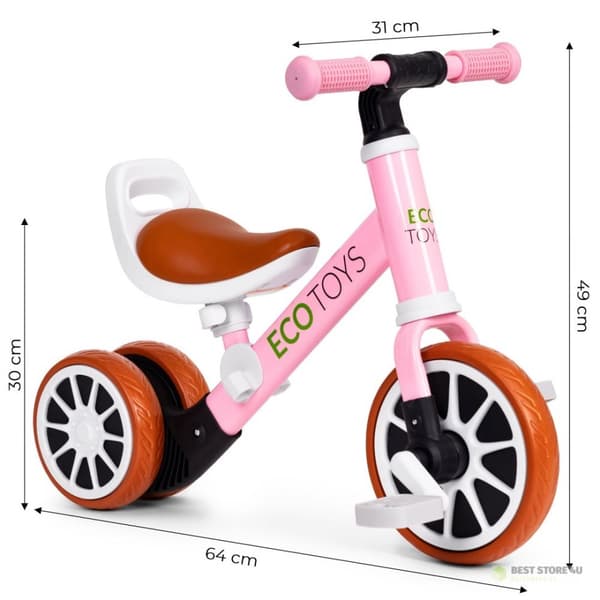 Kolmipyöräinen tasapainopyörä polkimilla 2in1 pinkki ECOTOYS