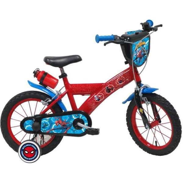 14'' Pojk SPIDERMAN barncykel För barn 90 cm till 105 cm utrustad med 2 bromsar, frontplatta, avtagbara stabilisatorer