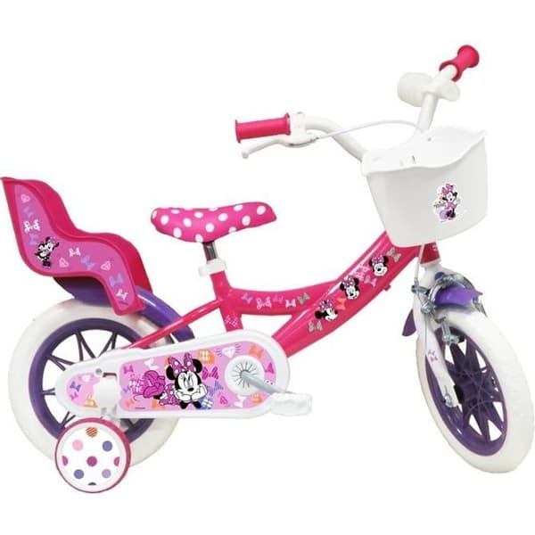 12'' MINNIE / DISNEY barncykel (barnhöjd &lt; 95 cm) utrustad med 1 broms, främre korg, dockhållare och stabilisatorer.