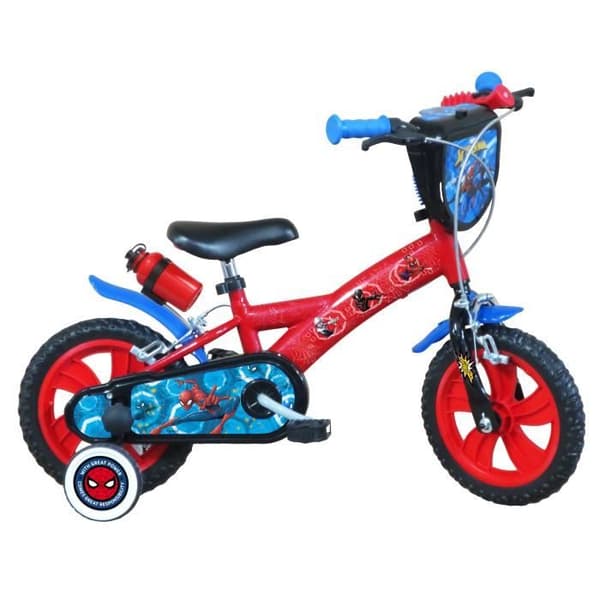 12'' pojk Spiderman barncykel För barn &lt; 90 cm - utrustad med 2 bromsar, 2 avtagbara stabilisatorer och dekorativ frontplatta