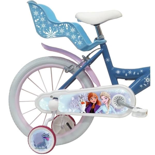 16'' flickcykel Reine des Neiges / Frozen utrustad med 2 bromsar + Dockhållare - Främre korg - Stabilisatorer.