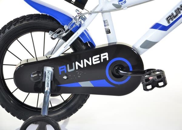 SCH RUNNER 14'', cykel för barn, anpassad för barn 4 till 6 år, 100 till 120 cm, med ringklocka och vattenflaska, blå