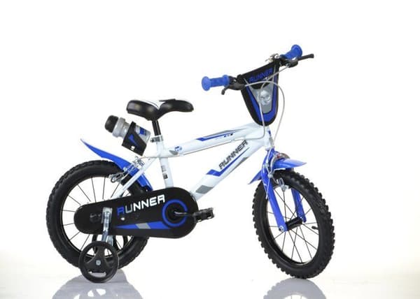SCH RUNNER 14'', cykel för barn, anpassad för barn 4 till 6 år, 100 till 120 cm, med ringklocka och vattenflaska, blå