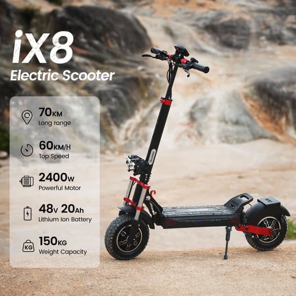 iScooter iX8 2*1200W Motor 48V 20Ah Batteri 60km/h Hastighet 70KM Max Räckvidd 12 Tums Däck Off-road Elektrisk Scooter