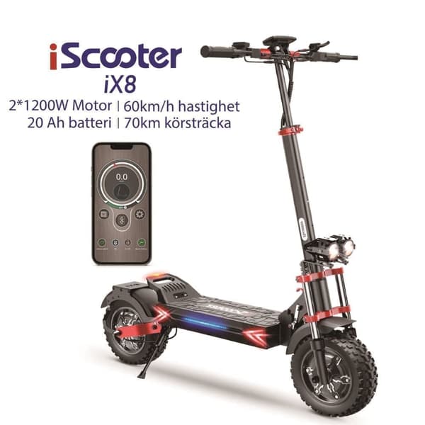 iScooter iX8 2*1200W Motor 48V 20Ah Batteri 60km/h Hastighet 70KM Max Räckvidd 12 Tums Däck Off-road Elektrisk Scooter