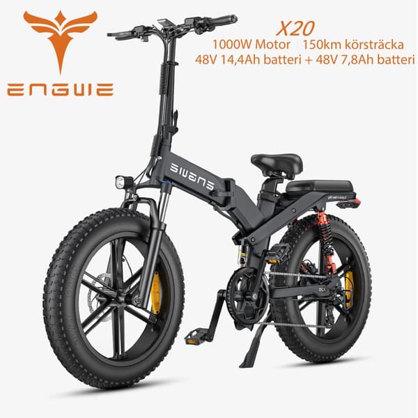 ENGWE X20 1000W motor, 14,4AH+7,8AH batteri, 25 km/h hastighet, 150 km räckvidd, 20 tums däck, hydraulisk skivbroms, elcykel för vuxna Svart