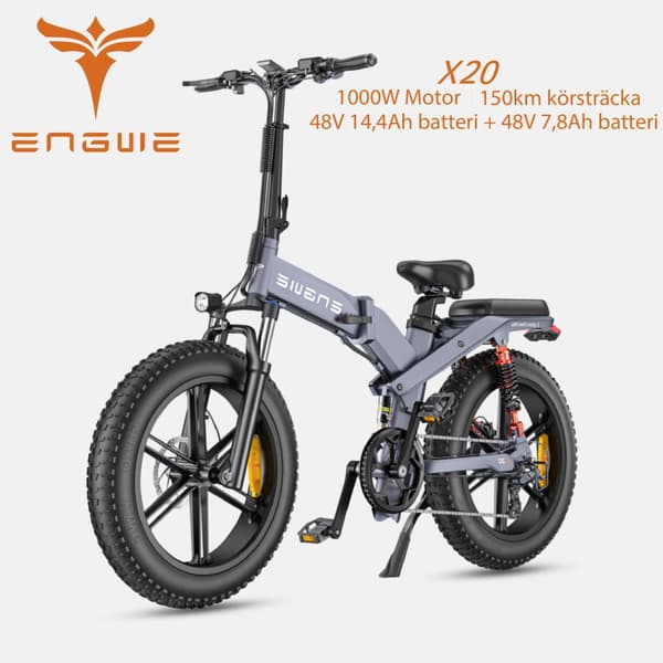 ENGWE X20 1000W motor, 14,4AH+7,8AH batteri, 25 km/h hastighet, 150 km räckvidd, 20 tums däck, hydraulisk skivbroms, elcykel för vuxna Grå