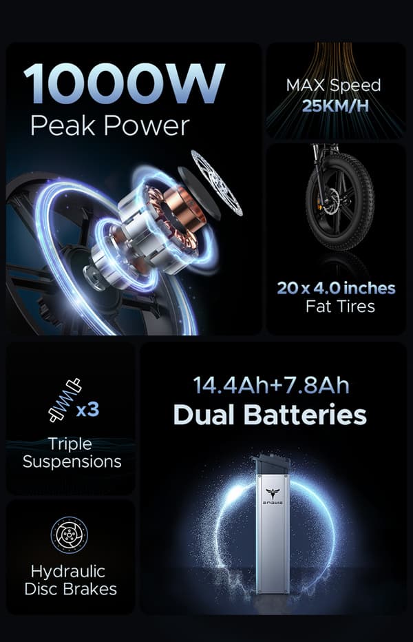 ENGWE X20 14,4AH+7,8AH batteri, 1000W motor, 25 km/h hastighet, 150 km räckvidd, 20 tums däck, hydraulisk skivbroms, elcykel för vuxna