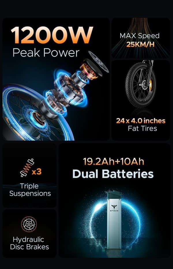 ENGWE X24 1000W motor, 19.2AH+10AH batteri, 25km/h hastighet, 150km räckvidd, 24-tums däck, hydraulisk skivbroms Elcykel för vuxna