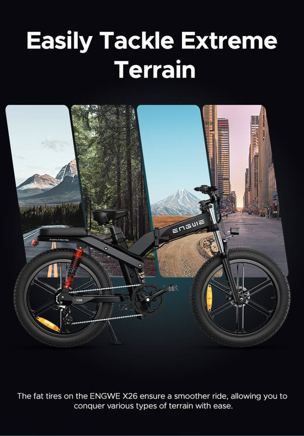 ENGWE X26 1000W motor, 19.2AH + 10AH batteri, 25km/h hastighet, 150km räckvidd, 26-tums däck, hydraulisk skivbroms hopfällbar elcykel för vuxna