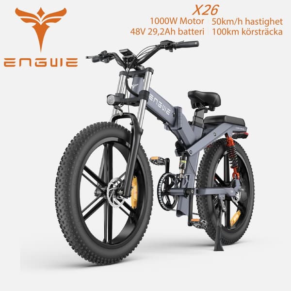ENGWE X26 1000W motor, 19.2AH + 10AH batteri, 25km/h hastighet, 150km räckvidd, 26-tums däck, hydraulisk skivbroms hopfällbar elcykel för vuxna Grå