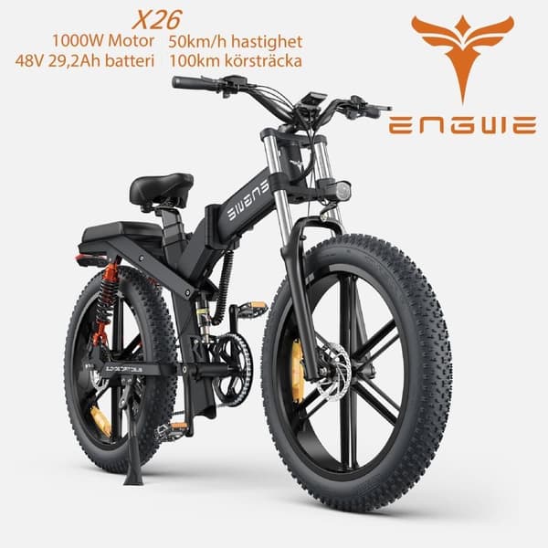 ENGWE X26 19.2AH + 10AH batteri, 25km/h hastighet, 1000W motor, 150km räckvidd, 26-tums däck, hydraulisk skivbroms hopfällbar elcykel för vuxna Svart