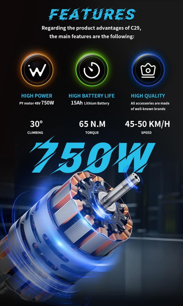 DUOTTS C29 2025 uusin sähköpyörä 750 W moottorilla, 48 V 15 AH akulla, SHIMANO 21 nopeudella, 29*2.1 tuuman ilmarenkailla.