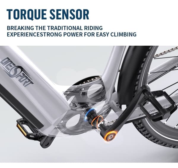 Onesport OT05 Pro elcykel 140 km räckvidd, 250 W motor, momentsensor, Shimano 7-växlad justerbar sadel
