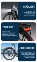 Miniatyrbild 9 av 11: Onesport OT05 Pro Elcykel - 140 km räckvidd, momentsensor, 7-växlad Shimano, IPX4 vattentät - Lättviktspendlare i aluminium