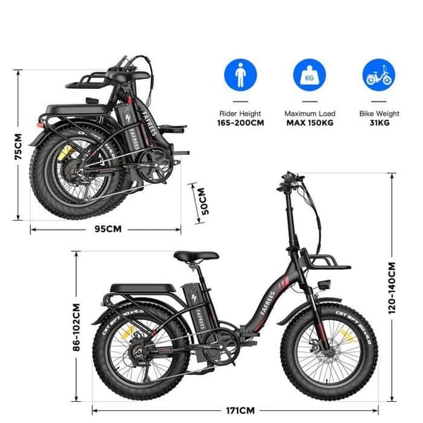 Fällbar elcykel FAFREES F20 Max Batteri Samsung 48V 22,5 Ah - Räckvidd 160 km - 500 W - 20*4.0 tum - Svart