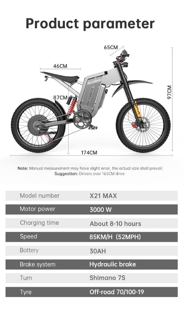 EKX X21 Max 3000W motor, 85km/h hastighet, 30AH Li-Ion batteri, 19-tums offroad-däck, hydrauliska skivbromsar Mountain e-bike