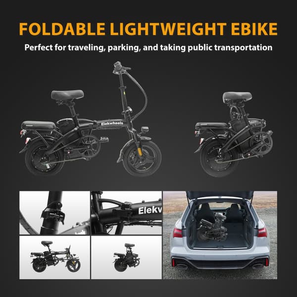 Elekwheels F3 14" Hopfällbar Elcykel: 48V/250W Motor, 75 km Räckvidd, Dubbla Skivbromsar & Stålpakethållare