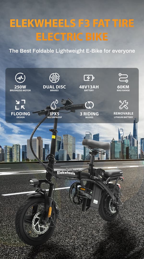 Elekwheels F3 14" Hopfällbar Elcykel: 48V/250W Motor, 75 km Räckvidd, Dubbla Skivbromsar & Stålpakethållare