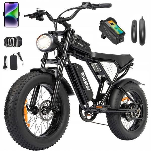 Ridstar Q20 elektrisk cykel Räckvidd 80km Motor 1000W fullt fjädrad Shimano 7 växlar VTT fat bike Batteri 48V 15Ah Svart