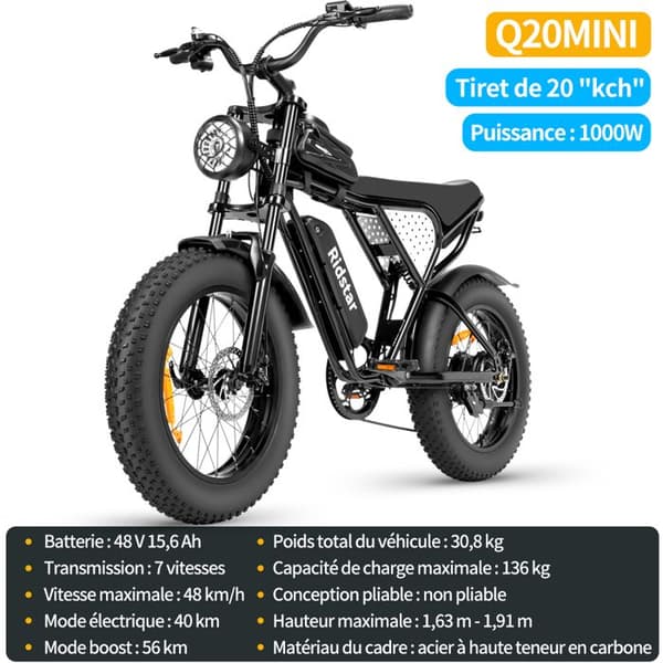Ridstar Q20 Mini Elcykel - 1000 W Motor - 48 V 15 Ah Batteri - Stora 20 x 4,0" däck - Räckvidd 80 km
