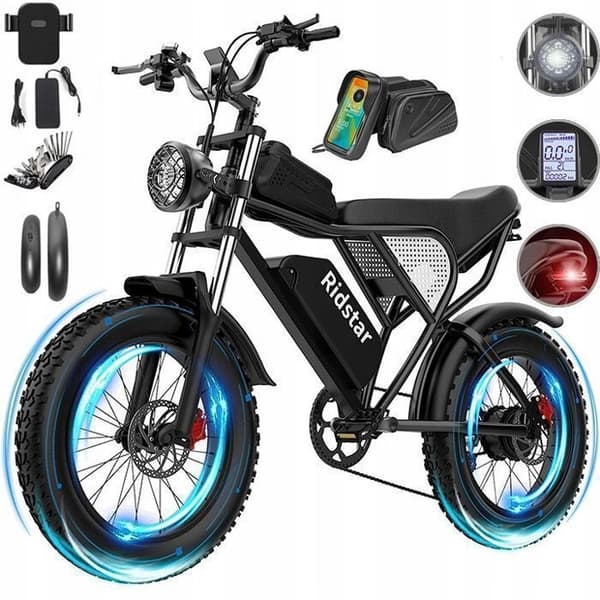 VTT Elcykel Ridstar Q20 motor 1000W (toppeffekt 1500W) 48V20AH 60-80km 50km/h Shimano 7 växlar terrängdäck 20"*4.0 Svart