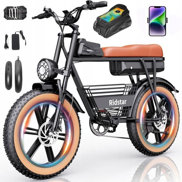 VTT Elcykel Ridstar CR20 1000W 48V20AH 45-60km/h 7 växlar 20"*4 Svart gåva: telefonväska och telefonhållare