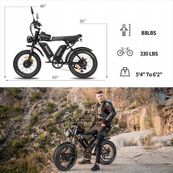 VTT Elcykel Ridstar Q20 PRO-2000W (Topp 3000W)-52V40Ah-55km/h-90-120km-SHIMANO 7 Växlar-20"-Svart-Snöskoter-Sandcykel