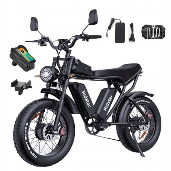 VTT Elcykel Ridstar Q20 PRO-2000W (Topp 3000W)-52V40Ah-55km/h-90-120km-SHIMANO 7 Växlar-20"-Svart-Snöskoter-Sandcykel
