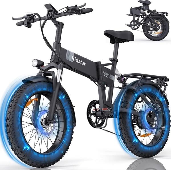 Fällbar Elcykel - 20" terrängdäck - 1000W motor - Avtagbart batteri 48V/15Ah - Räckvidd 40-60km - Shimano 7 växlar - Svart