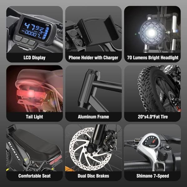 Ridstar Q20 elcykel 80km räckvidd 1000W motor fullfjädring Shimano 7-växlad mountainbike fat bike 48V15Ah batteri Svart