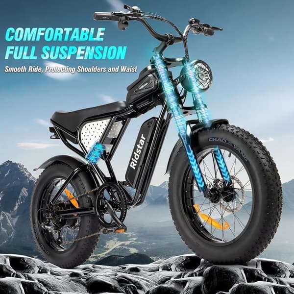 Ridstar Q20 elcykel 80km räckvidd 1000W motor fullfjädring Shimano 7-växlad mountainbike fat bike 48V15Ah batteri Svart